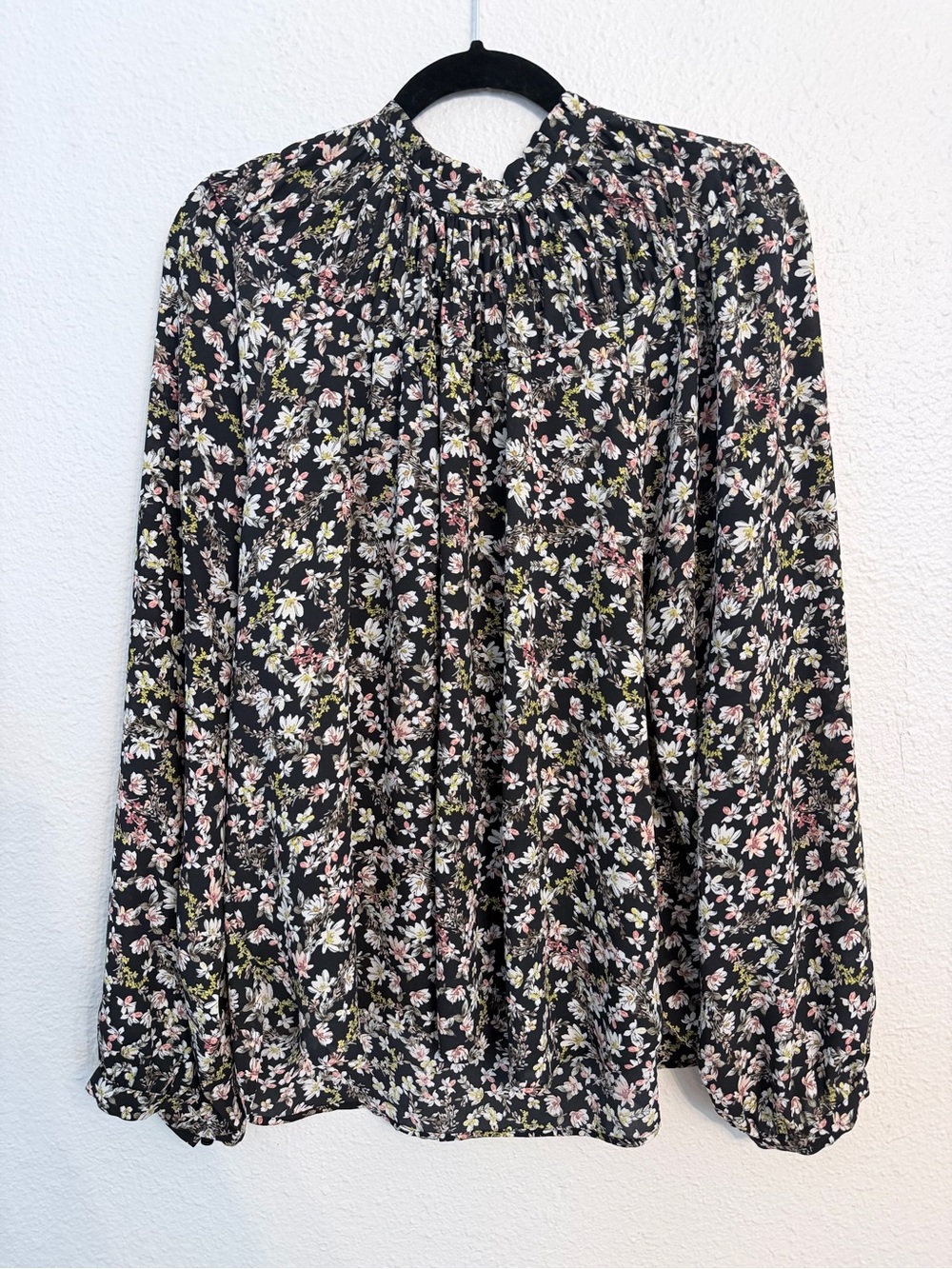 LOFT Black Floral Long-Sleeve Smocked Yoke Blouse